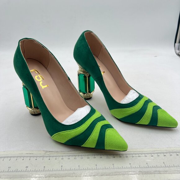 FSJ Green-rainbow Bridal Pointed Toe Chunky High Heel Crystal Pumps Slip on Shoe - Picture 4 of 8